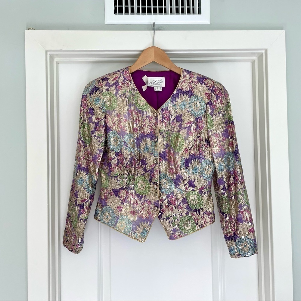 Vintage I. Magnin Farinae Collections Floral All Over Sequence Jacket Size 6